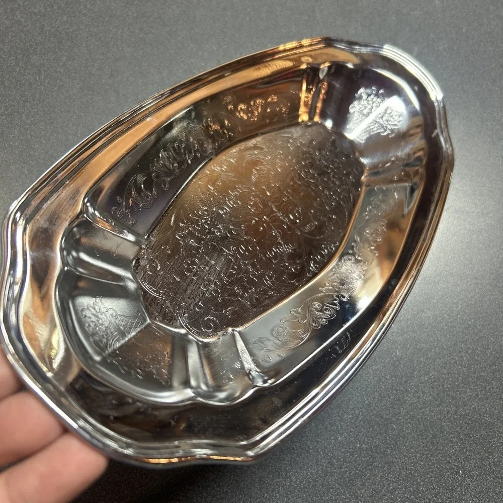 Silver Plated Serving Tray  Oval Etched Retro Decor Platter